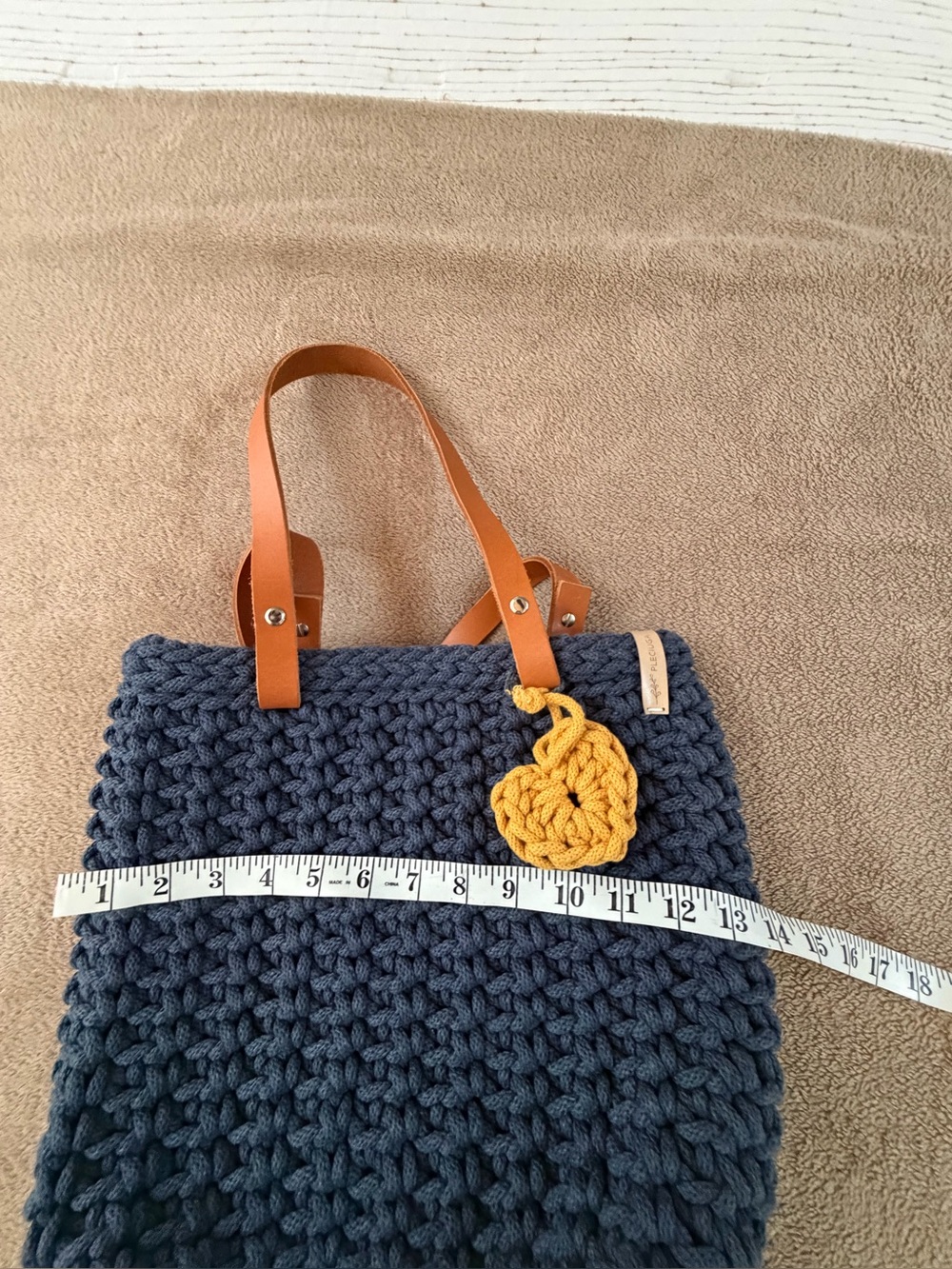Navy Crochet Tote with Tan Leather Straps and Mustard Heart Accent - Picture 7 of 8
